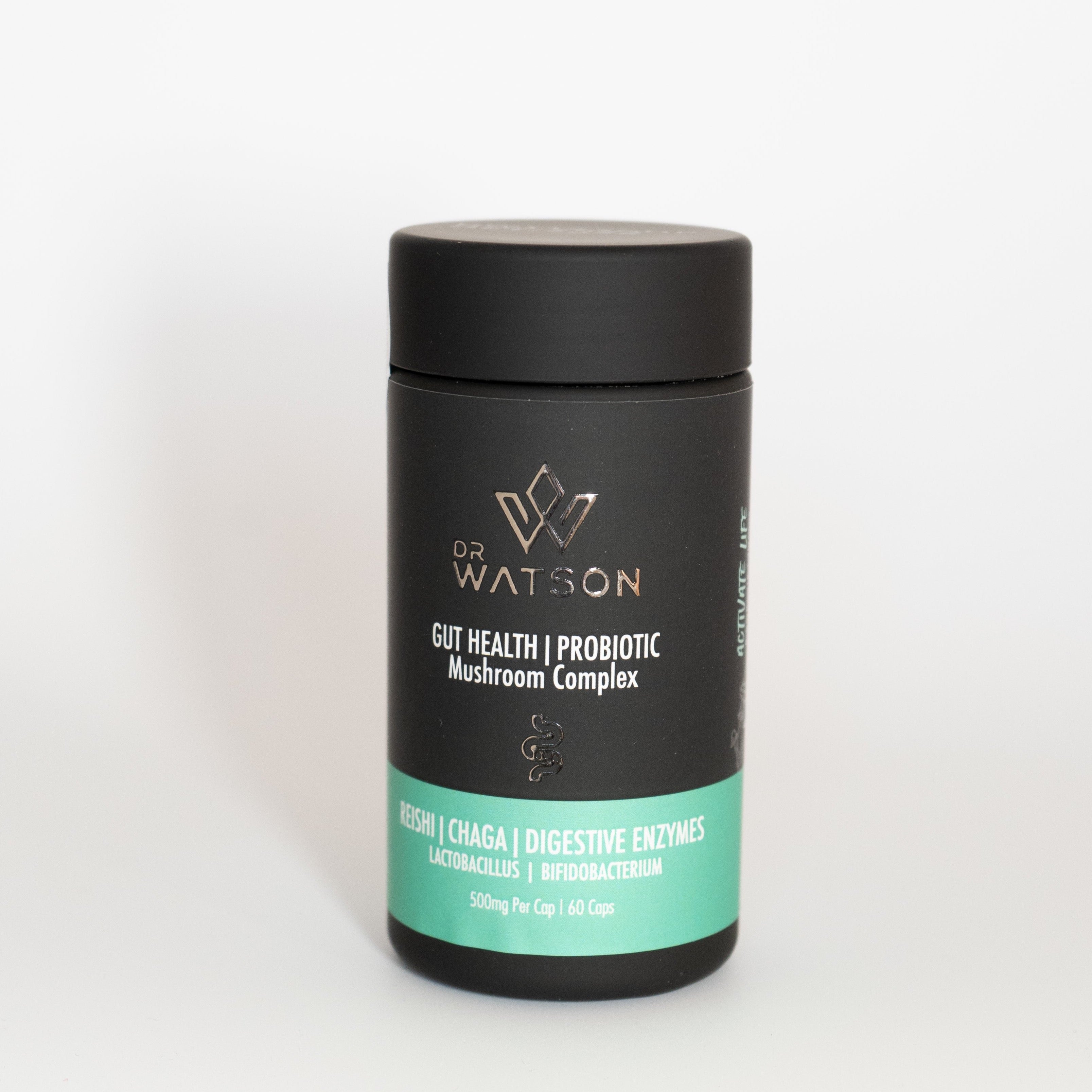 Dr Watson Gut Health Probiotic with Mushrooms. Reishi, Chaga, Lions Mane, Bifidobacterium, Lactobacillus, digestive enzymes