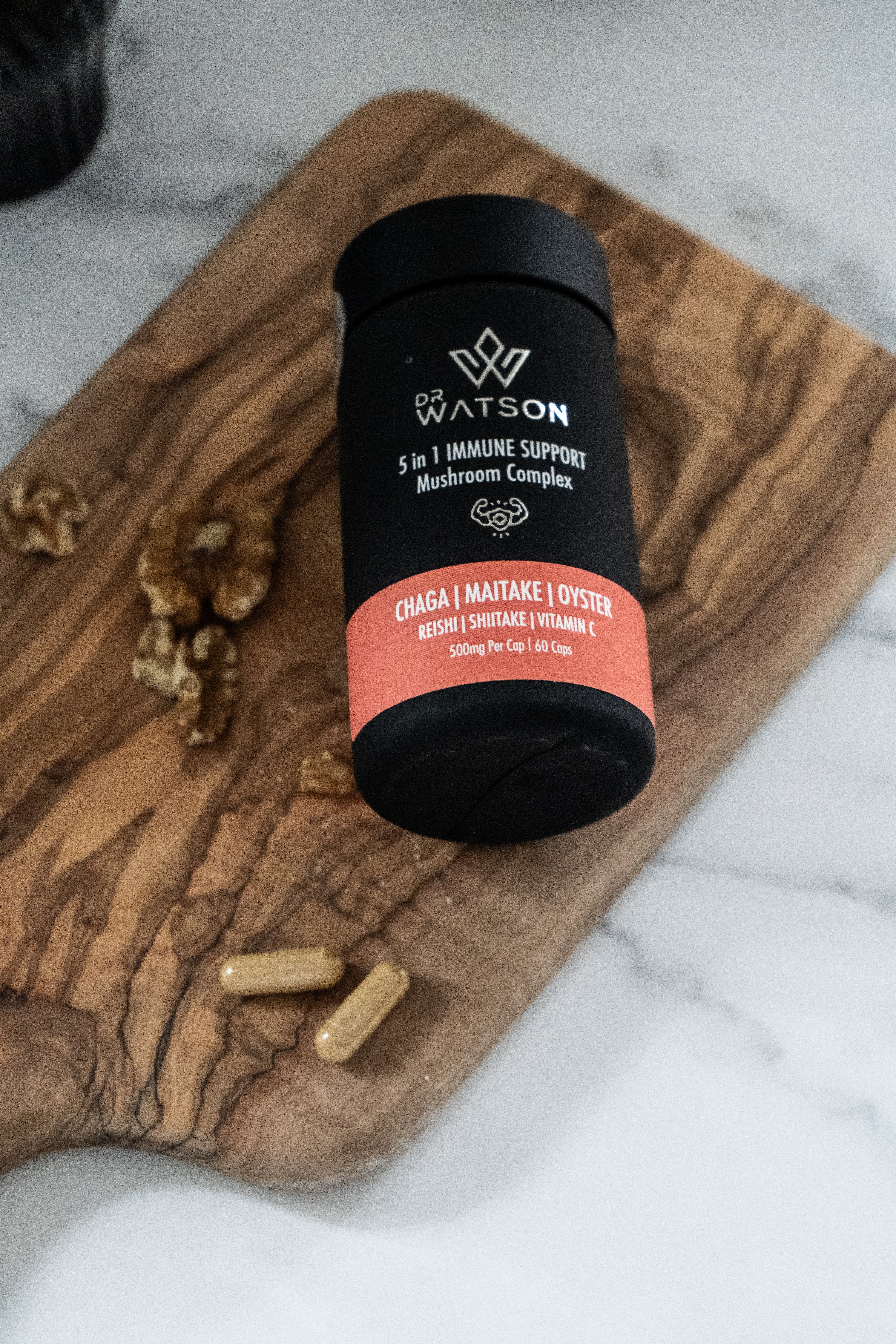 Dr Watson Immune System Mushroom Capsules 5 in 1. Chaga Maitake Oyster, Reishi Shiitake Vitamin C & Tumeric